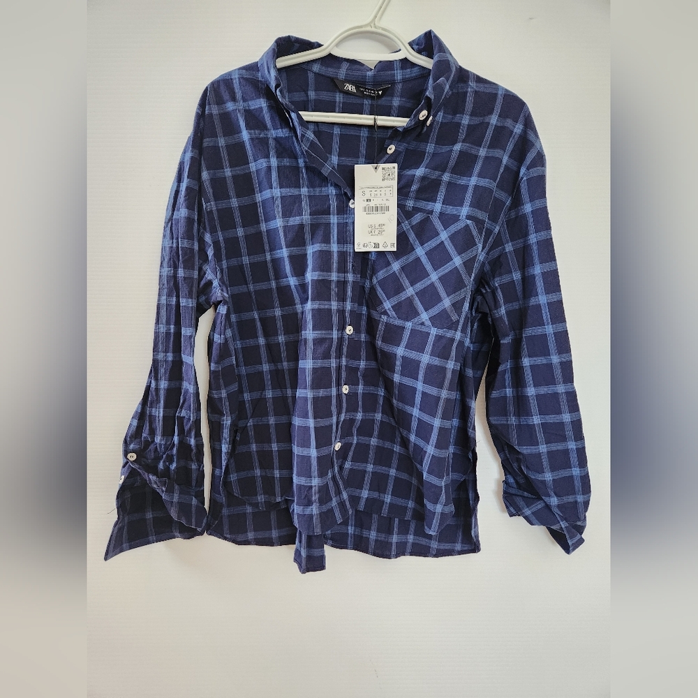 NWT Zara Blue Plaid Button-Up Shirt, Size S